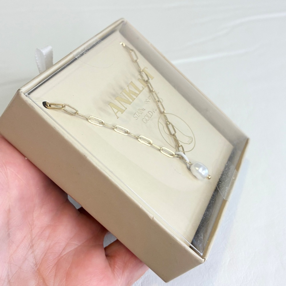 Paperclip Chain Anklet Faux Pearl Accent Gold Tone Stainless Steel - Picture 3 of 5